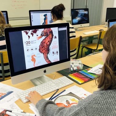 Lycéenne devant un ordinateur en train de dessiner avec un logiciel de PAO.